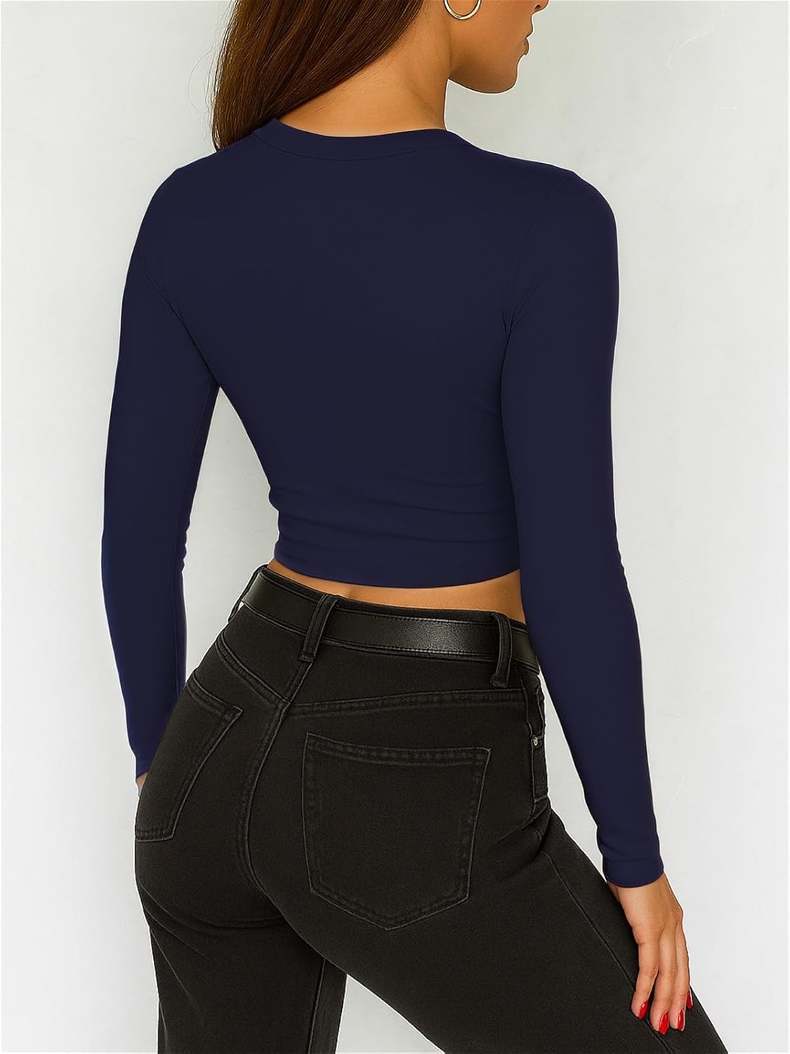 ForeFair Womens Crew Neck Long Sleeve Crop Top Tight Going Out Tops Fitted Fall Y2K Basic Shirts - Image 4