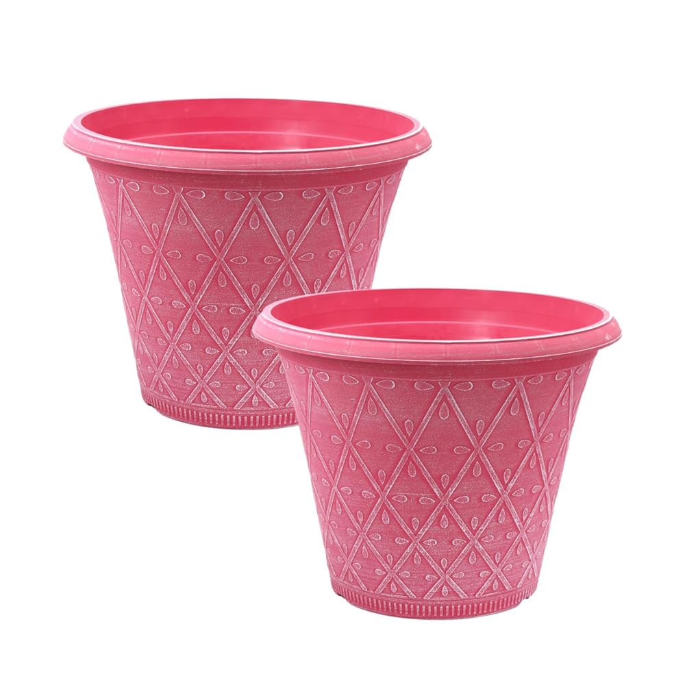 Shopior 30Cm - Pink Plastic Prisma Planters Round | Festive Garden Planting Pot 9L – Round Garden Plant Pots With Drainage Holes | Weatherproof Decorative Patio Flower Pot (Powdered Raspberry Pink - 30Cm, 2Pack)