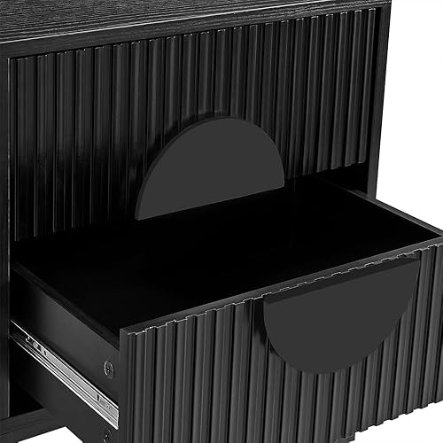 Miniatura 5 de conifferism Mesita de noche negra con 2 cajones, mesita de noche moderna para dormitorio con patas de metal, mesa auxiliar acanalada para espacios