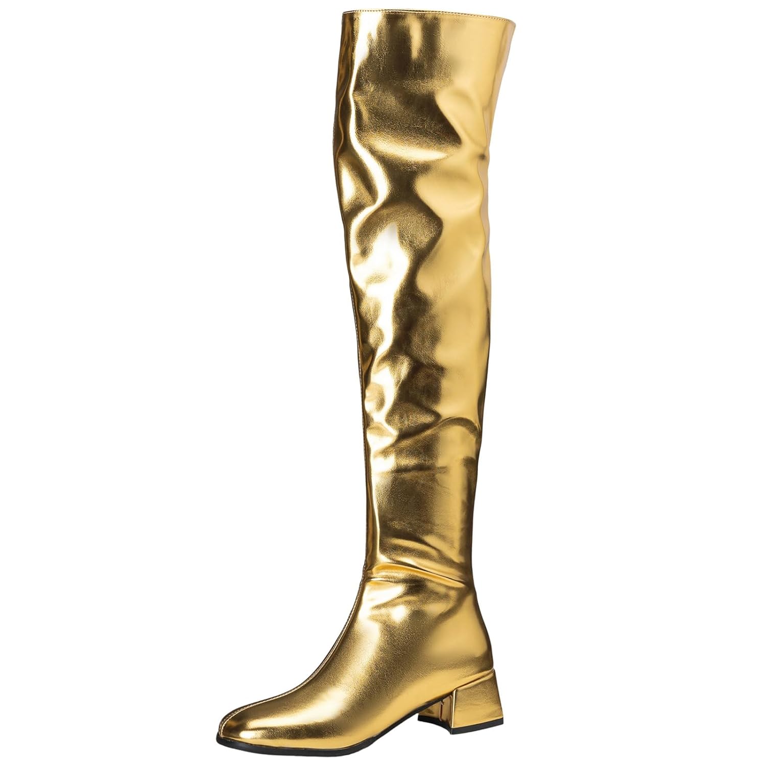 YIYA Womens Metallic Thigh High Boots Square Toe Chunky Block Flat Low Heels Fashion Side Zipper Over The