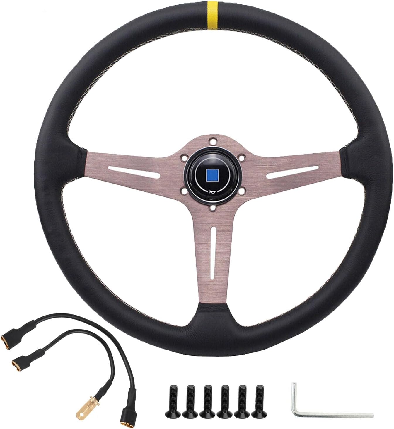 15”Auto Racing Steering Wheel 380mm Car Sport Steering Flat Drifting 6 Bolts Wheel Pu Leather and Aluminum Spokes with Horn Button