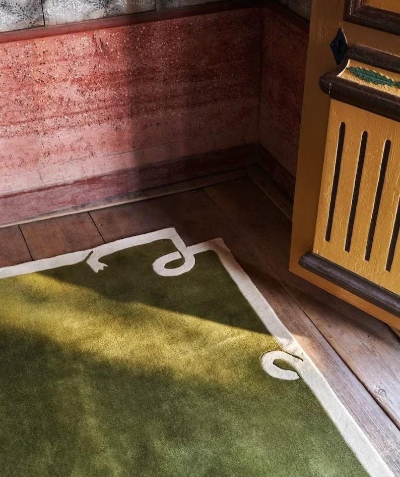 Image of Irregular Shape Handmade Woolen Carpet Green Colour Size 10x12 feet