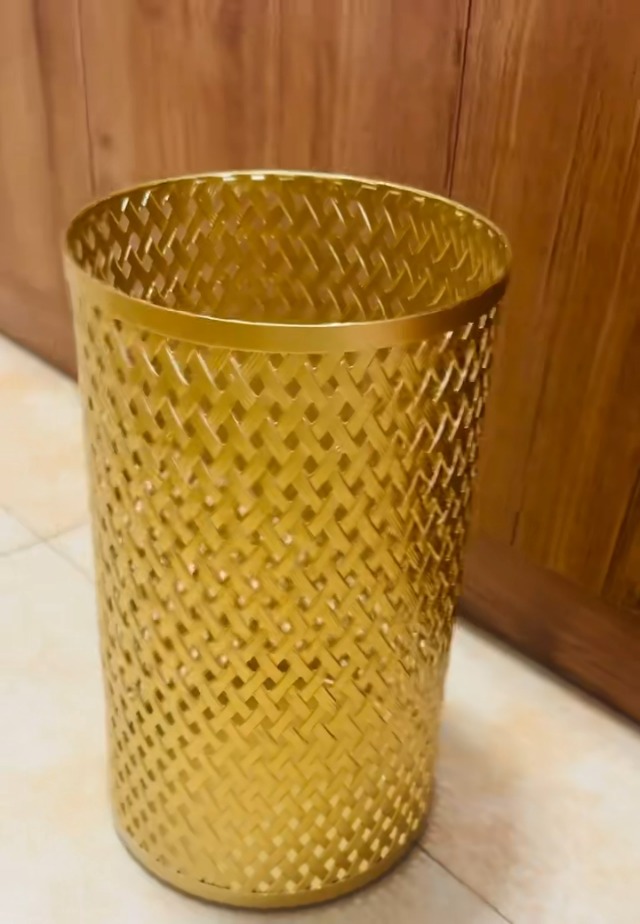 Image of Small Gold Trash Can for Bathroom, Metal Garbage Can for Offices, Decorative Hollow-Out Garbage Can Waste Paper Bin, 7 inch W X 7 inch L X 12 inch H