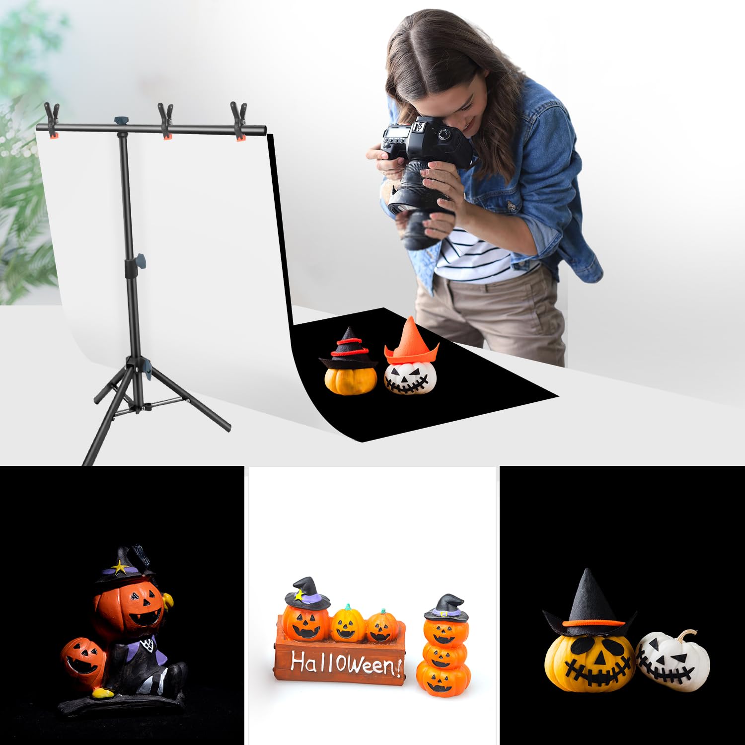 Kit di fondali fotografici con supporto, sfondo fotografico, 68,1 x 127 cm, sfondo bianco nero con supporto a T piccolo da 66 x 73,7 cm, supporto fotografico da tavolo per gioielli e cosmetici