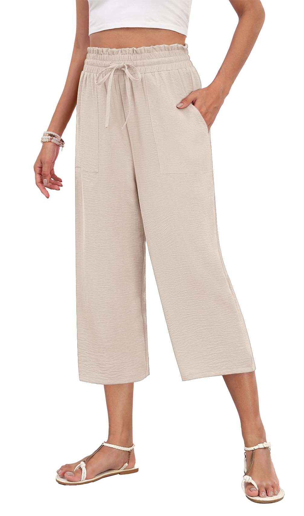LAOLASI Womens Capri Pants Casual High Waisted Wide Leg Lounge Pants Drawstring Loose Palazzo Pants Trousers with Pockets