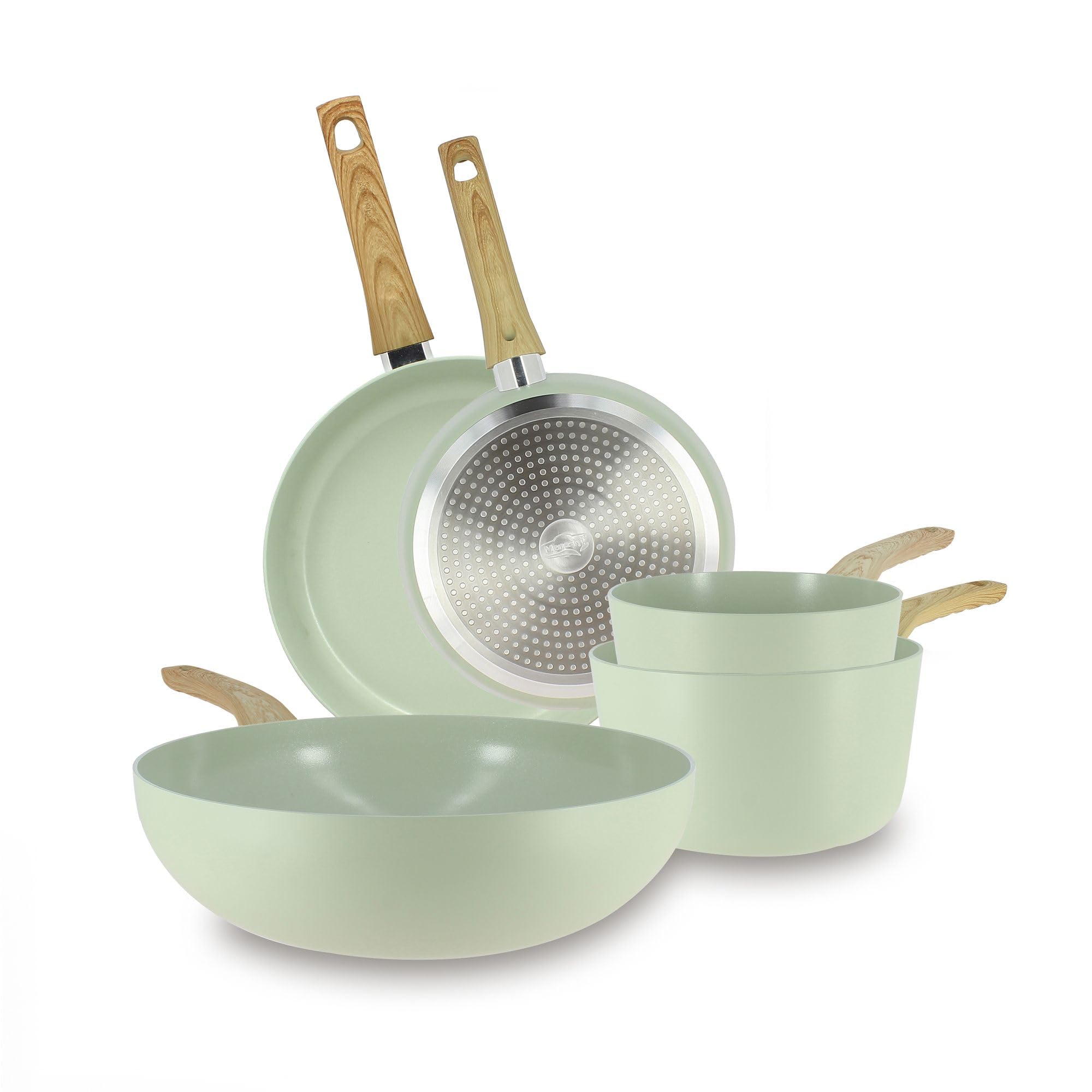MENASTYL Colorama Céladon, set de 5 pièces, poêles/casseroles/wok, aluminium, antiadhésif céramique, induction
