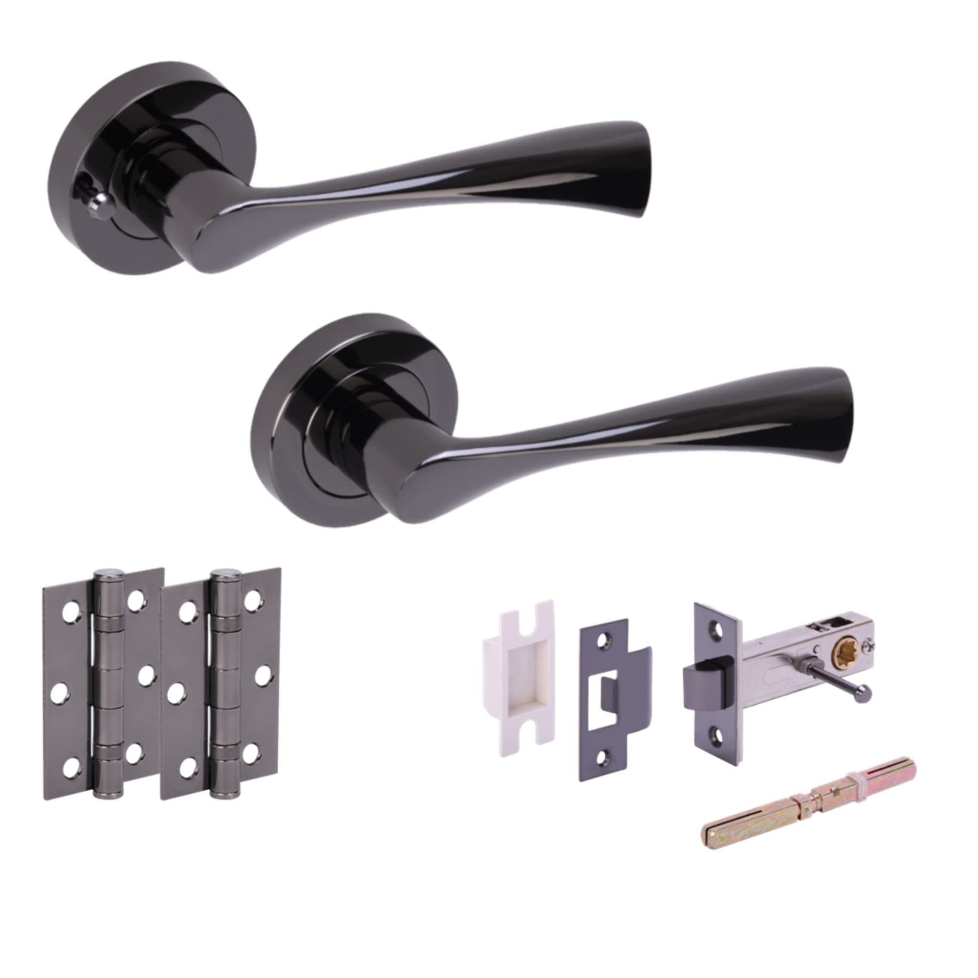 Hunta HANDLEZONE® Zena Privacy Door Handle Latch Pack, Complete with Lever On Rose Handles, Latch, Ball Bearing Hinges - Black Nickel — image 1