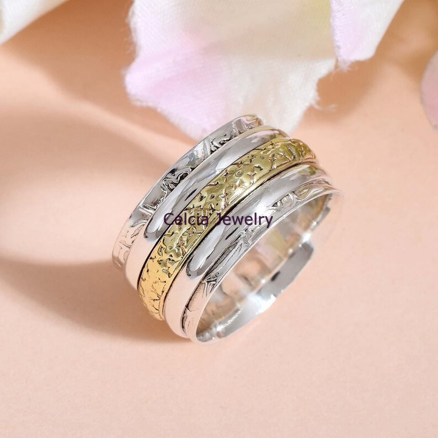 Gehämmerter 925 Sterling Silber Spinner Ring, Spinner Ring für Frauen, Einzigartiger handgemachter zweifarbiger Meditationsring für Sie, Ihn, Angst Brautjungfern Ring, Angst Ring