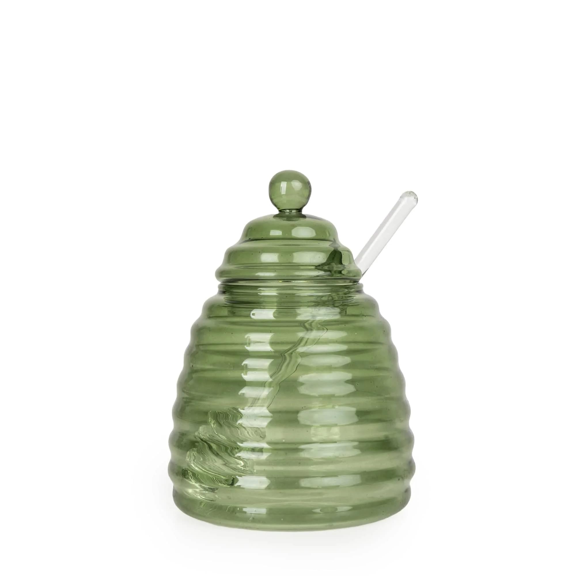 Home Deco London Green Glass Honey Jar With Dipper, Beehive Design, 13 Cm,