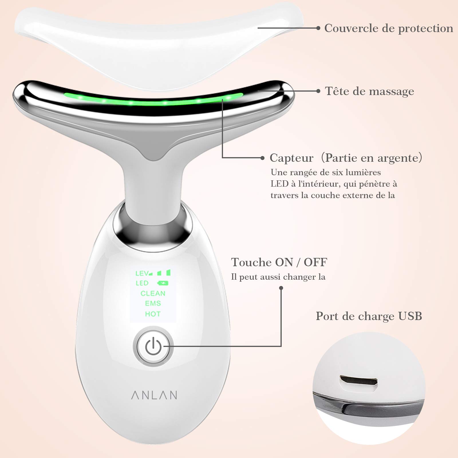 Appareil Anti Rides Visage, ANLAN Appareil de Beauté, Soins de la Peau Dispositif de Beauté avec Lifting EMS Massage, Tonification Pour Le Visage Raffermissement Levage Cou(45℃)