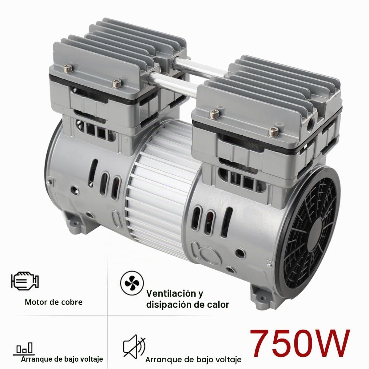 compresor de aire de 750 W/1 HP, sin aceite, 8 bar, 145 l/min, 65 dB, silencioso con almohadilla amortiguadora para los pies