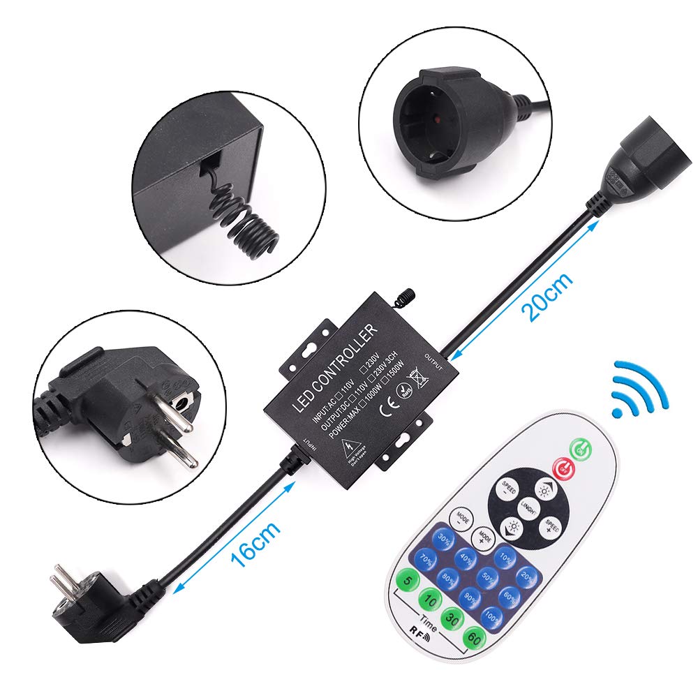 Regulador Universal de 220 V, Regulador Intensidad, Mando a Distancia RF de 23 Teclas + Controlador de 1500 W, Modelo General para Tira LED de 220 V, Bombillas LED/Luz Artificial