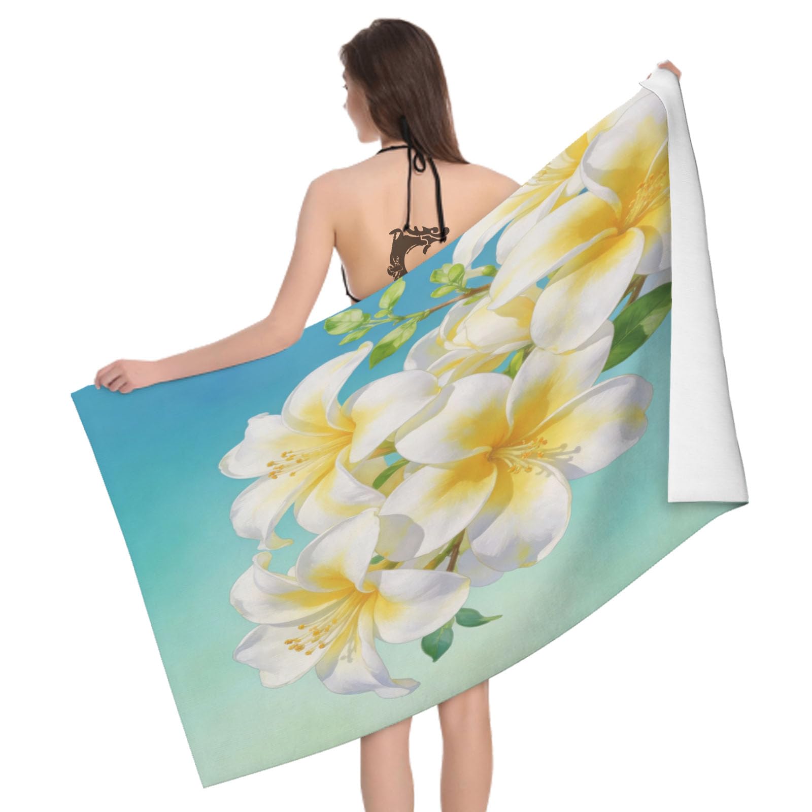 Leichong 3D Frangipani Beach Towel Large Microfiber Soft Quick Dry for Adults, Chic Bath Towel Lightweight Soft Absorbent for Travel Swimming Pool Sports, 180 x 90 cm