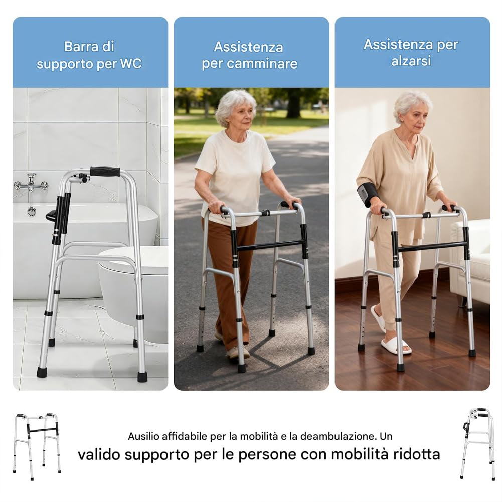 BAKAJI Deambulatore per Anziani Pieghevole con Struttura Leggera in Alluminio Salvaspazio, Walker Dispositivo di Aiuto per Persone Disabili con Mobilità Ridotta, Altezza Regolabile 77,8–92,8 cm