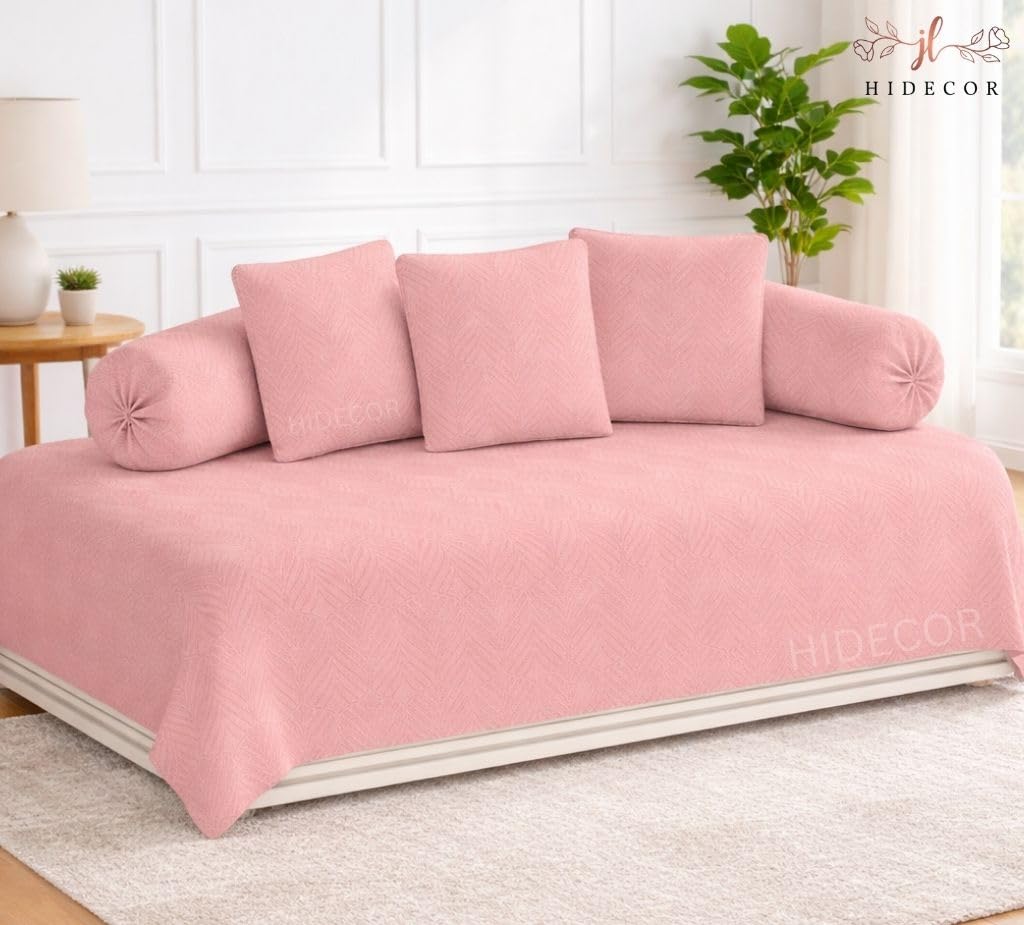 HIDECOR Super Soft Glace Cotton Emboss diwan Set for Living Room, diwan Set Covers Cotton, diwan Set 6 Pieces One Single Bedsheet with 3 Cushion Cover,2 Bolster (Peach)-picture-13