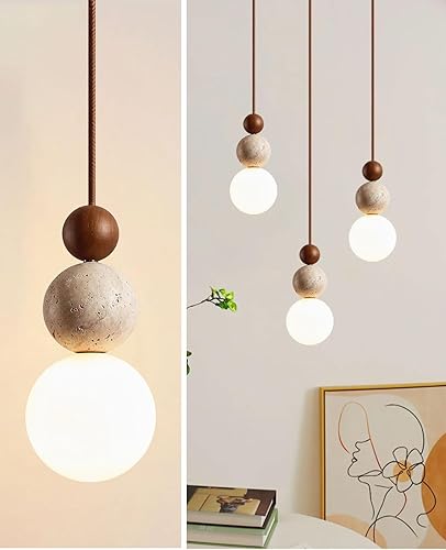 Miniatura 1 de Lámpara colgante de travertino amarillo natural, 10.6 pulgadas de alto, moderna lámpara colgante Wabi Sabi con 3 esferas de materiales diferentes,
