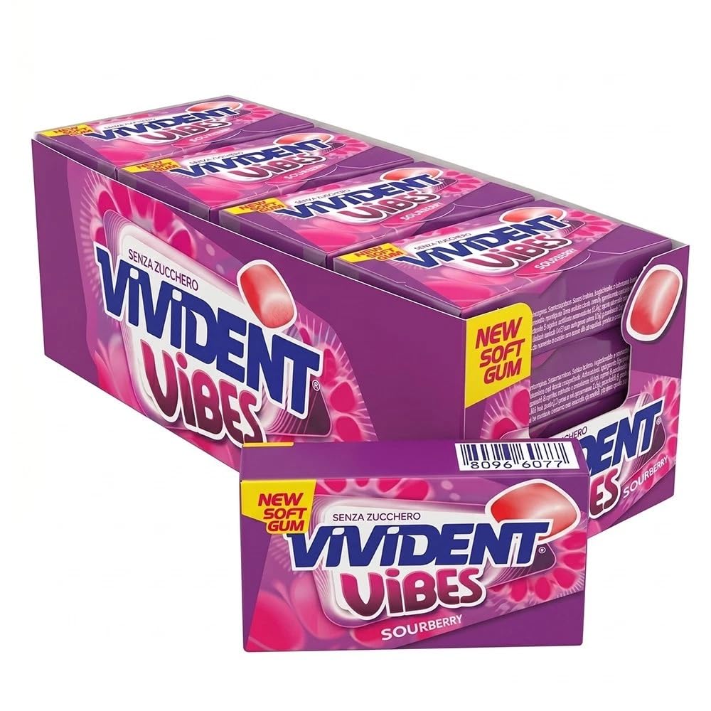 Vivident Vibes Sourberry Soft Gum Gusto Frutti Rossi, Confezione da 16 Astucci, Senza Zucchero, Senza Glutine
