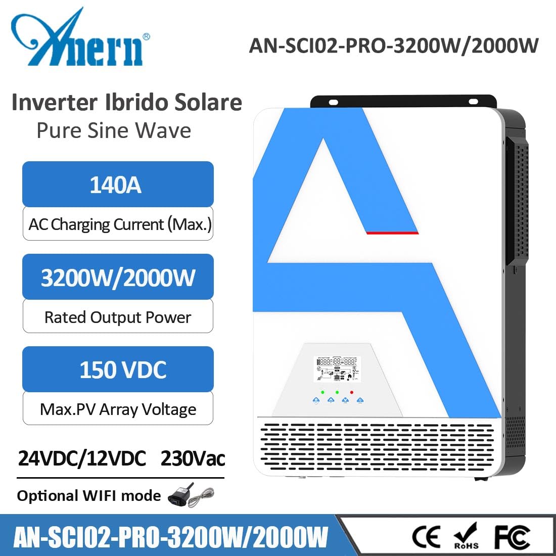 Anern Inverter solare ibrido da 2000W 12V DC a 220V/230 V AC con regolatore solare 140A, ingresso PV max. 150V, funzionamento con batterie al piombo da 12V e al litio