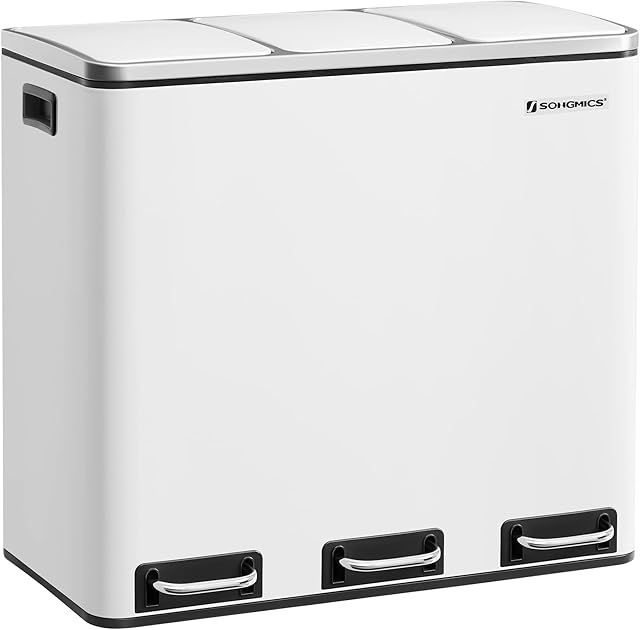 SONGMICS Recycling Bin, 3 x 18 L Triple Kitchen Bin, 3 Compartment Pedal Bin with Soft-Close Lids, Plastic Inner Buckets, and Handles, White LTB54WT