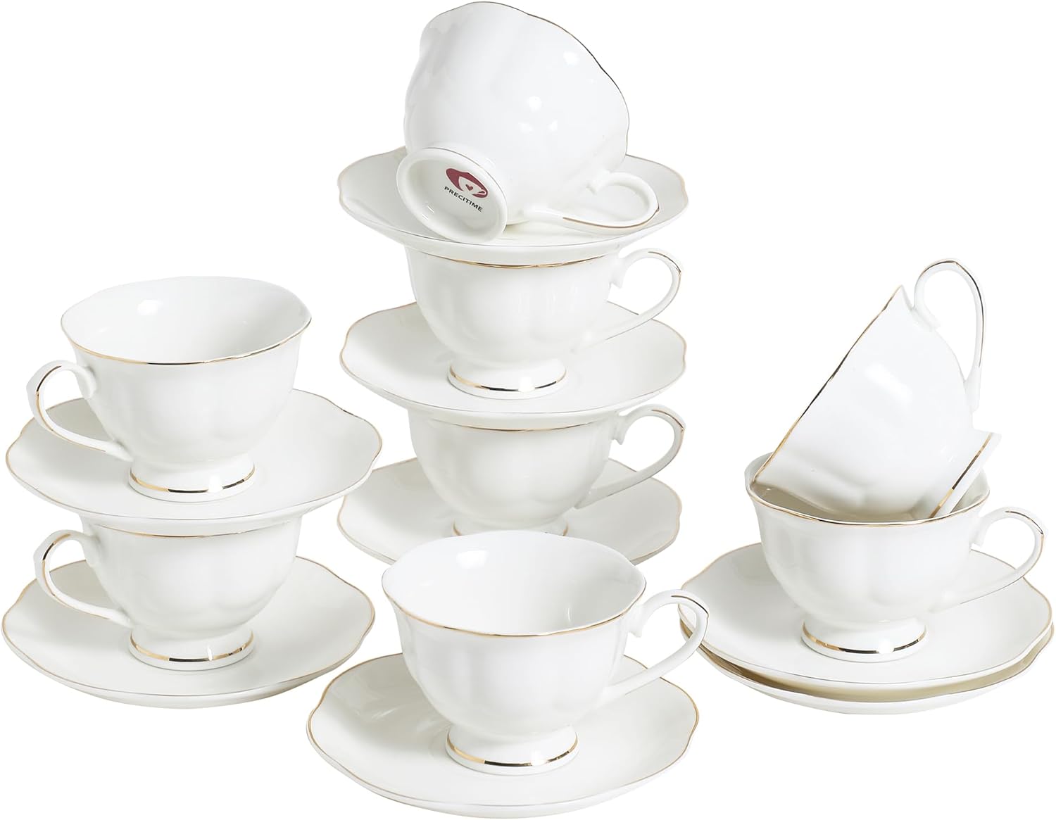 White Ceramic Tea Cup and Saucer Set of 8 (16-Piece) - 6oz Elegant Porcelain Cups with Gold Rim, 8 Cups & 8 Saucers for Tea Party
