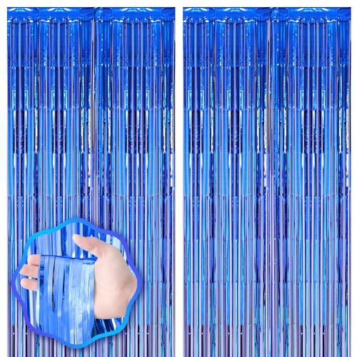 Image of Voircoloria 2 Pack Blue Foil Fringe Backdrop Curtains, Tinsel Streamers Birthday Party Decorations, Fringe Backdrop for Graduation, Baby Shower, Gender Reveal, Disco Party