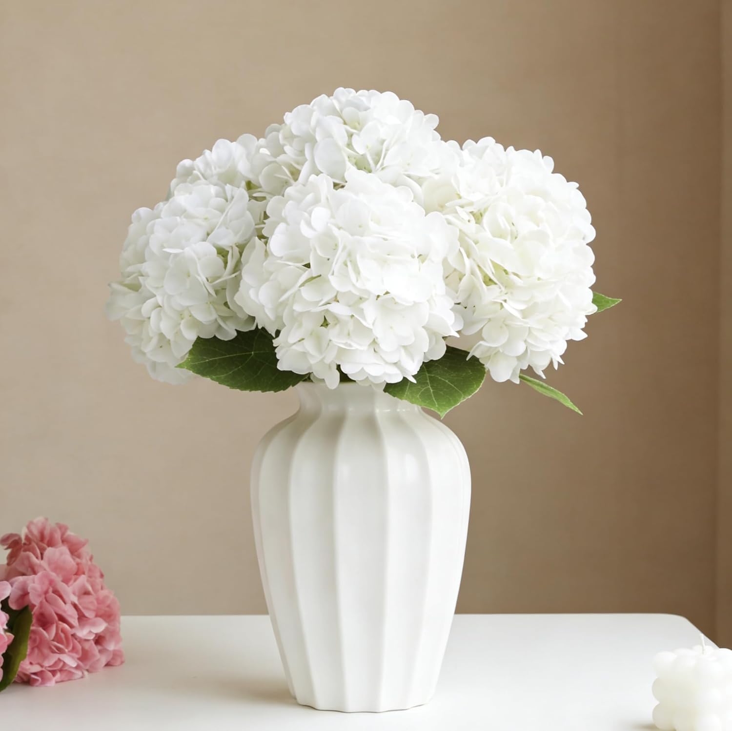WILD WORKS 4pcs White Hydrangea Decoration Artificial Flower Natural Lifelike Real 21 inch Stem Flower for Home Party Outdoor Wedding Decor Women's Gifts
