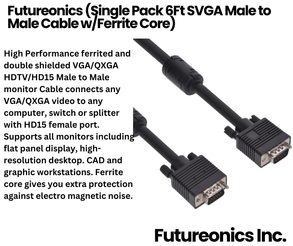 Futureonics (Single Pack 6Ft SVGA Male to Male Cable w/Ferrite Core - 6 Feet