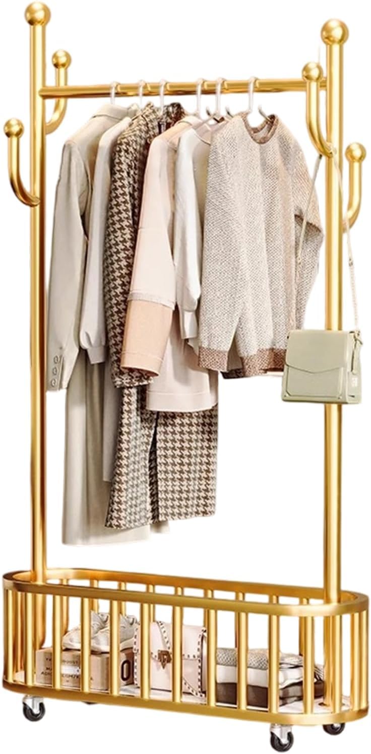 Perchero con ruedas, perchero de metal para dormitorio, con cesta de almacenamiento, 175 x 80 x 32 cm, perchero de suelo independiente para colgar ropa, dorado
