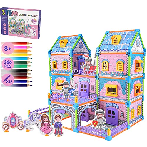 Dollhouse Building Kit with Painting Set, 266Pcs Miniature Doll House Set Dream Princess Castle STEM Building Toys for Boys Girls Age 5+, 12 Colored Pencils Included