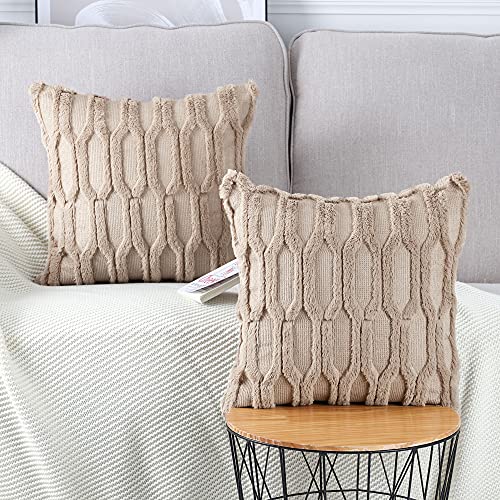 MADIZZ Pack of 2 Soft Plush Short Wool Velvet Decorative Throw Pillow Covers Luxury Style Cushion Case Pillow Shell for Sofa Bedroom 12x12 inch Square Khaki