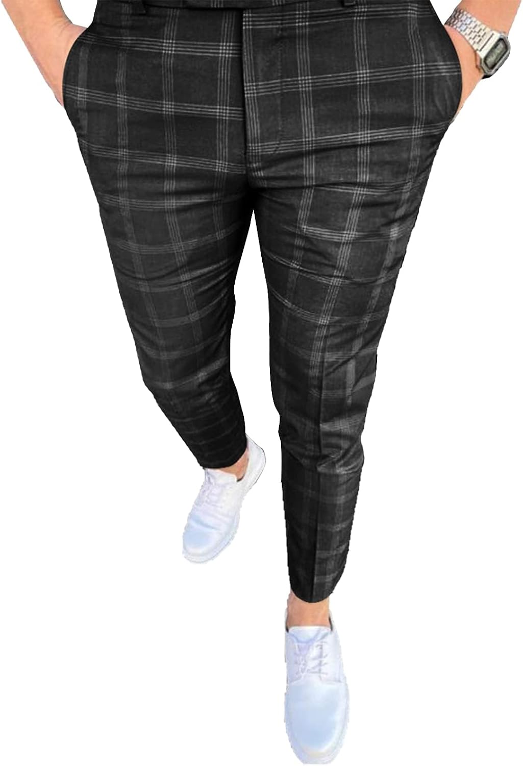 Men's Fashion Stretch Dress Pants Slim Fit Plaid Skinny Long Pants Casual Business Golf Dress Pants XX-Large Black