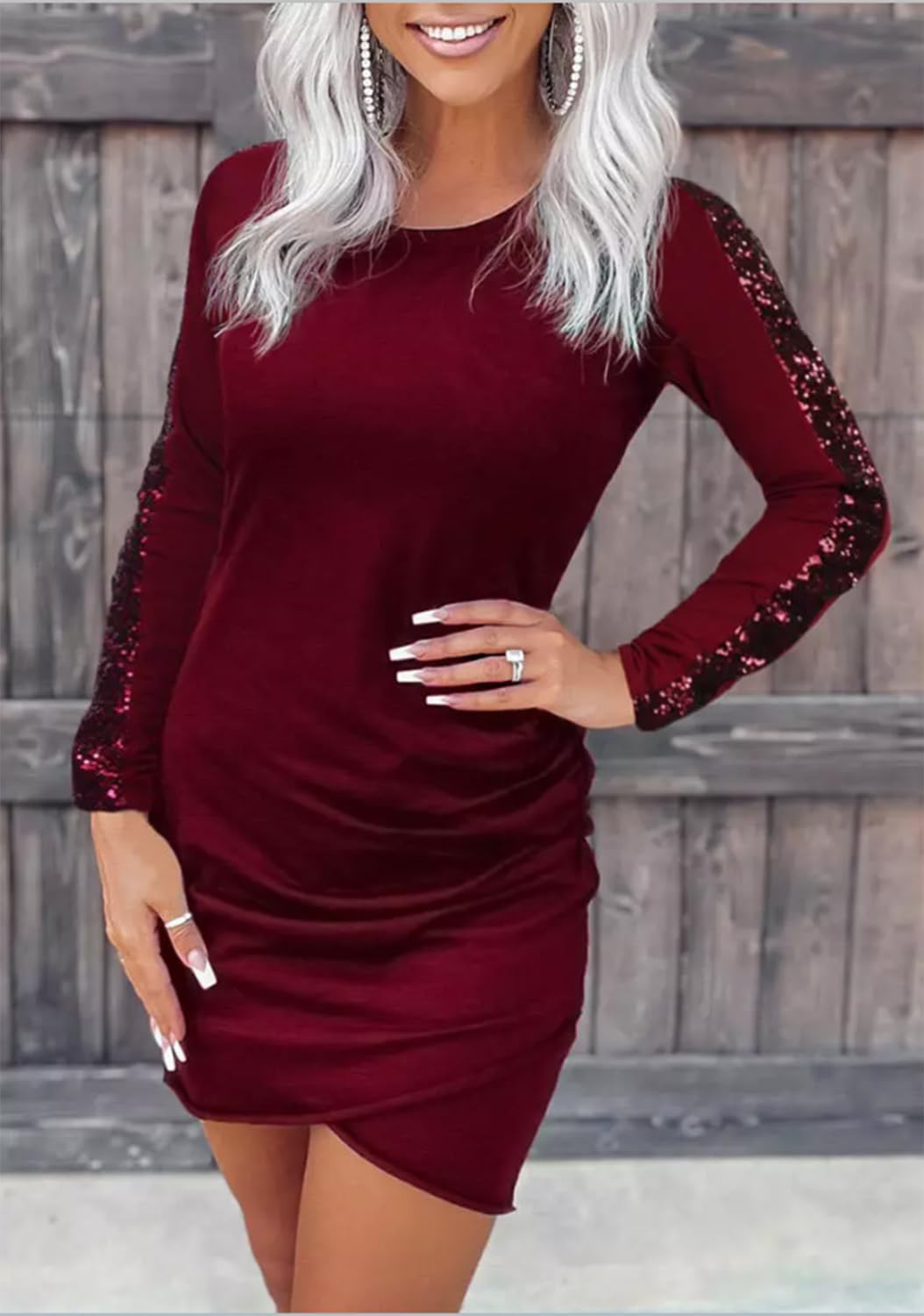 FECAFO Women Wrap Glitter Ruched Bodycon Dress Sequin Long Sleeve Evening Dress Wrap Hem Ruched Club Party Mini Dress - Image 2
