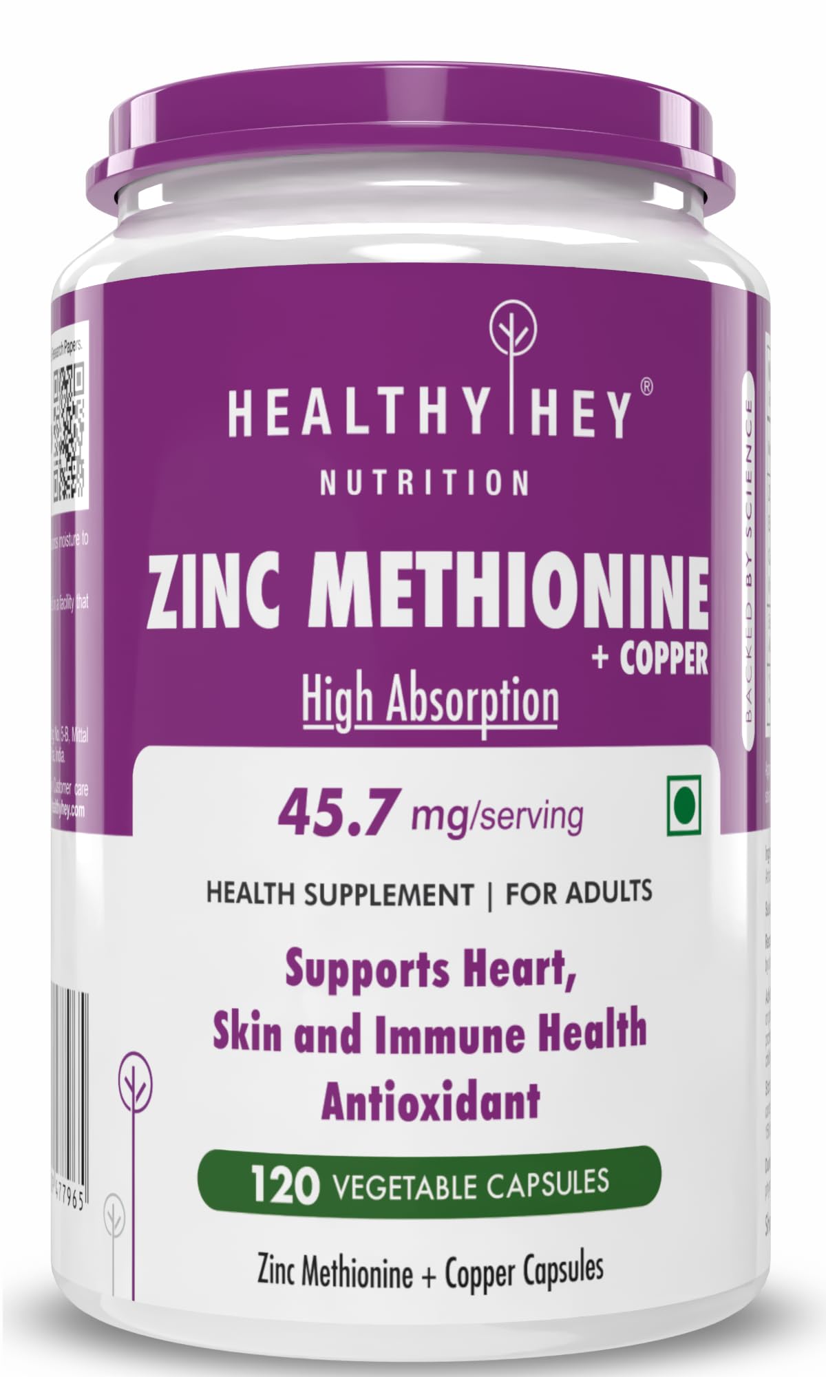 Healthyhey Nutrition Zinc Methionine Plus Copper, Supports Immune and Antioxidant Protection - 120 Veg Capsules