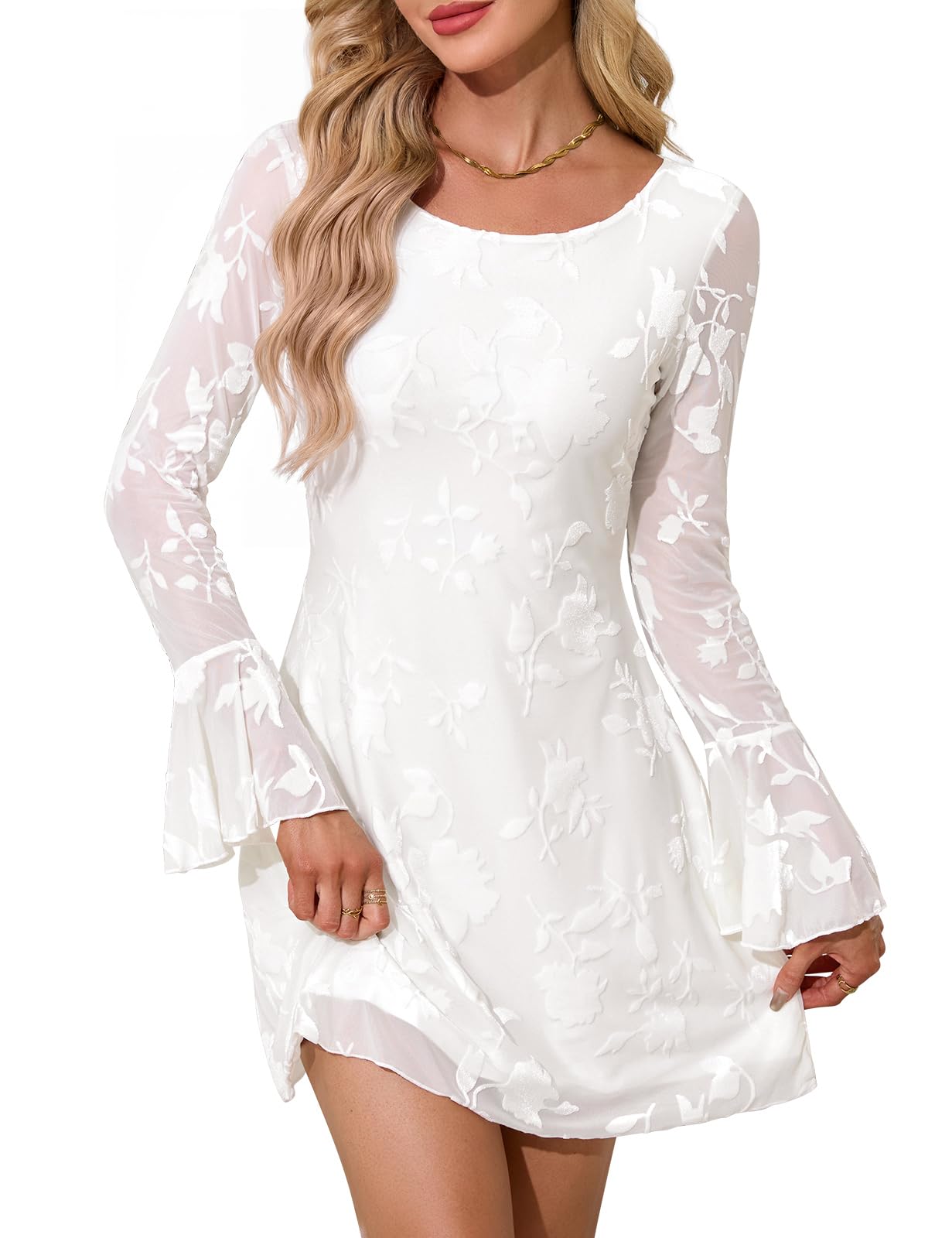 Robe Femme Manches Longues Mini Robe Soiree Chic et Elegant | Robe Cocktail, à Col Rond, Robe Manche Longue, Trapeze, Dentelle, Robe Ceremonie Sexy, Portefeuille,Automne, Hiver