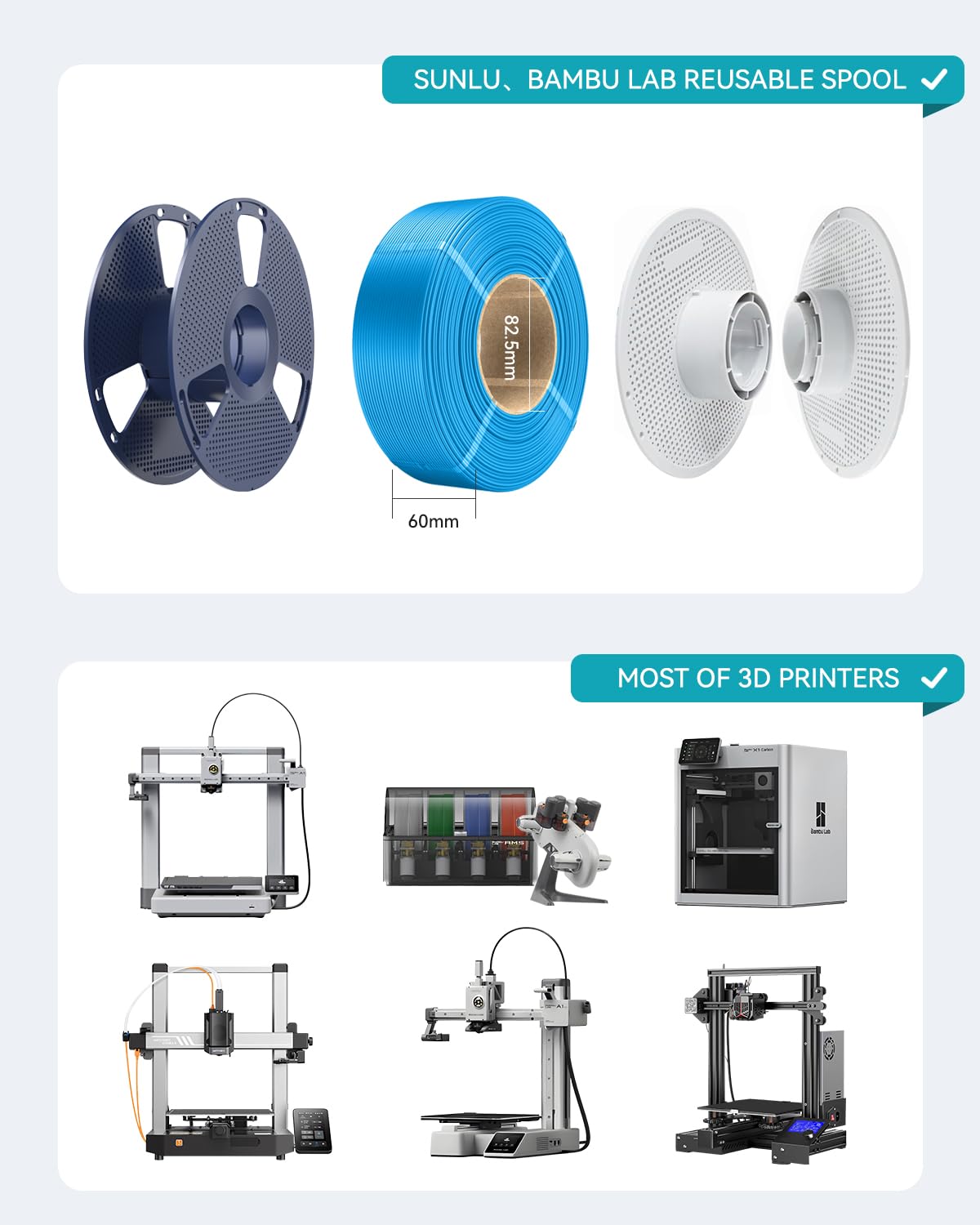 SUNLU PLA+ Filament Refill 1.75mm 4KG, PLA Plus 3D Drucker Filament, No-Spule Filament PLA Refill Schwarz for Reusable Spulen Compatible with Bambu Lab Drucker, 4 Rollen 1KG/Rolle