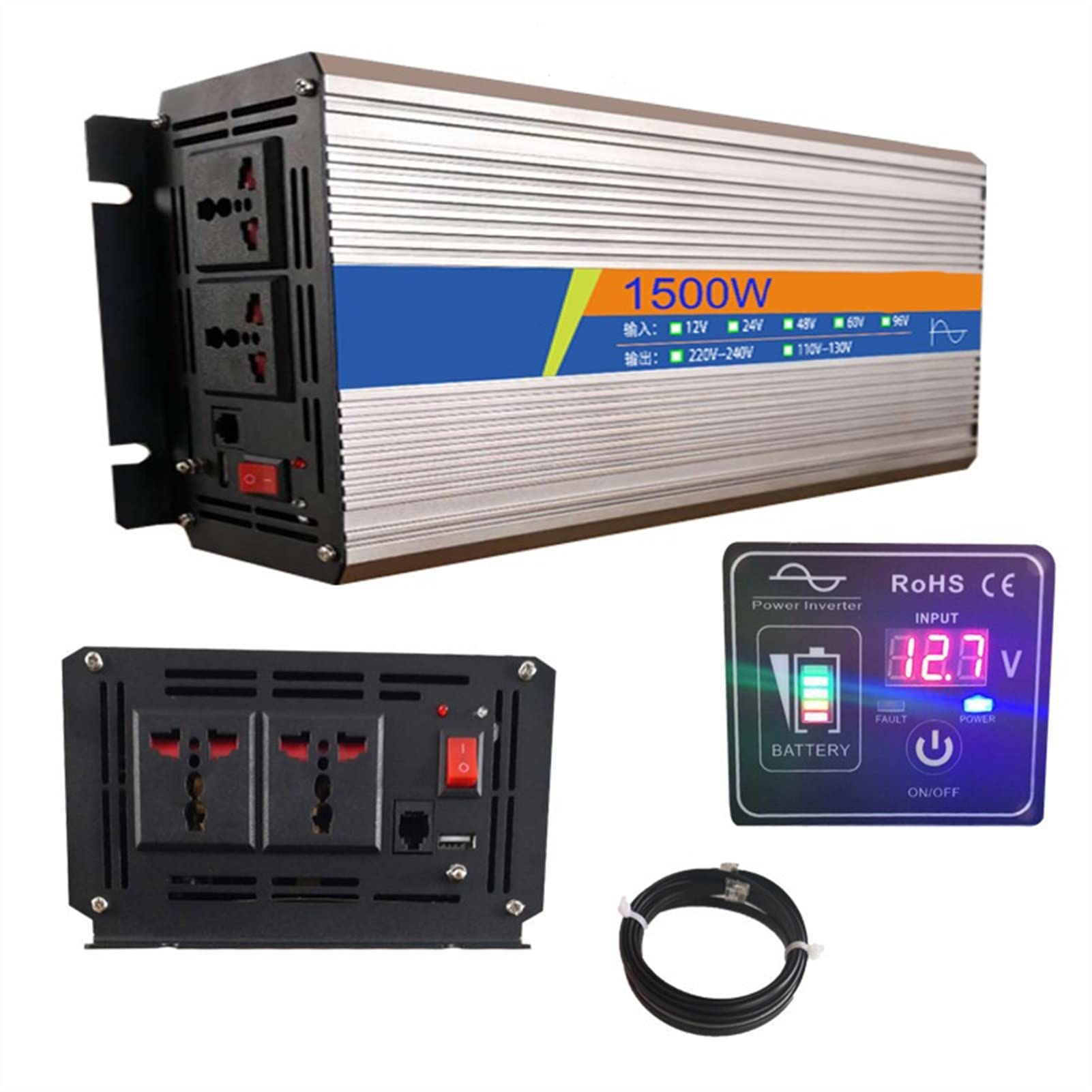 Inversor Solar, 1500W Digital Peak Car/Outing Home Pure Sine Wave Energy Inverter DC 12V 24V A AC 220 Convertidor de barco camping inversor energía