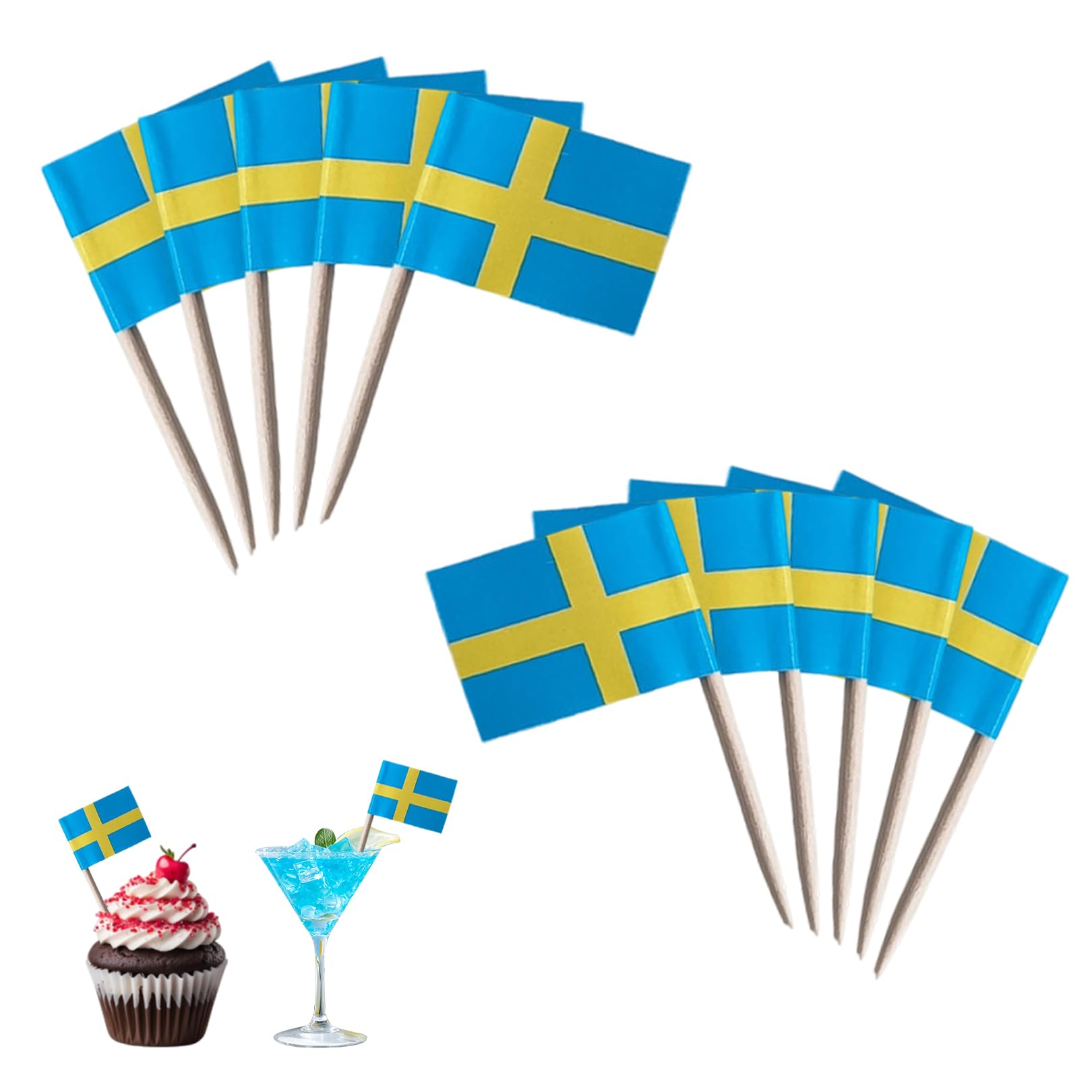 100 banderas de Suecia, palillos de dientes con bandera de Suecia, decoración de Suecia, bandera de Suecia, para cócteles, palillos de dientes con banderas para cupcakes, vajilla, fiesta, pub, EM WM