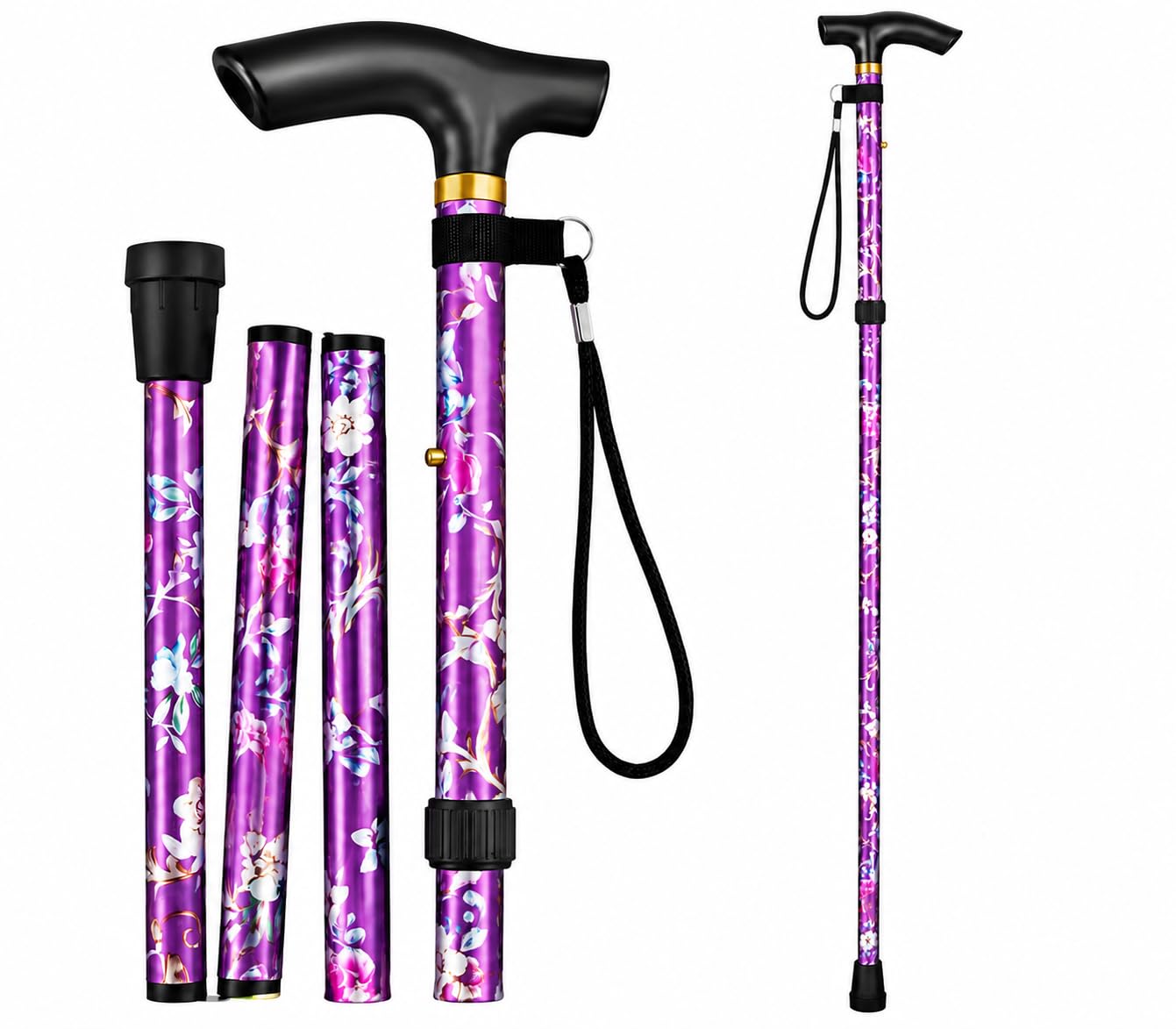 Adjustable Folding Walking Stick for Men & Women – Lightweight Collapsible Travel Cane for Elderly Adults – Portable Balance Support Walking Aid-Purple Floral
