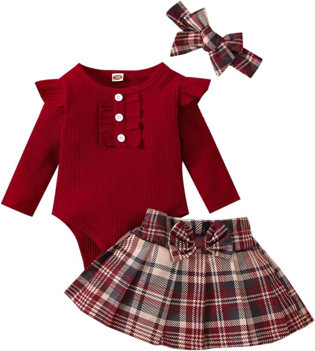 LUVCES Kledingset voor pasgeboren babymeisjes, rokkensets, ruches top plaid/dots/bowknot overalls, broek met bretels, lint hoofdband, herfst winter kleding outfits set, 12-18 Maanden