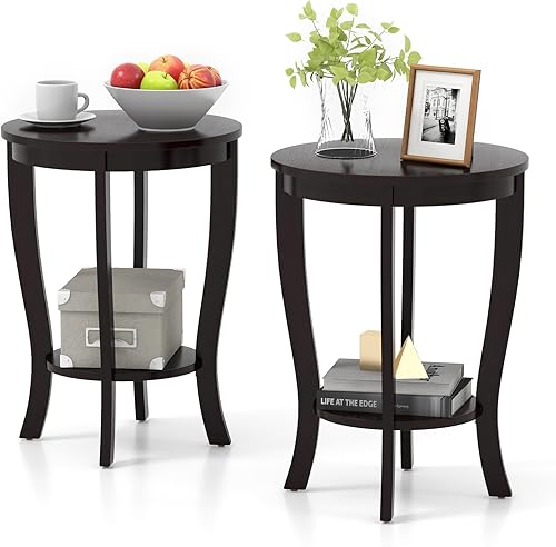 Miniatura 9 de GOFLAME Juego de 2 mesas auxiliares redondas de 2 niveles, mesa auxiliar de sofá de 18 pulgadas con estante de almacenamiento, mesa de té de piso