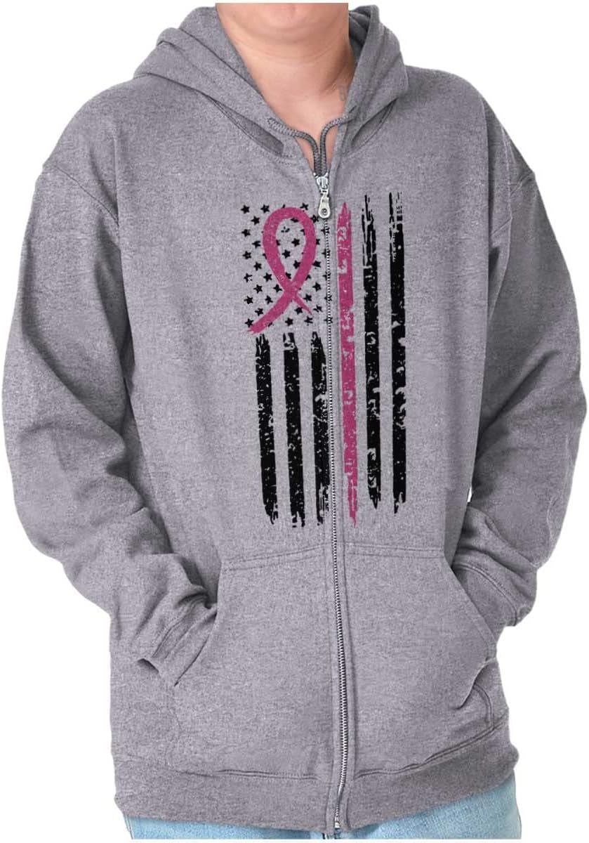 Breast Cancer Pink Line American Flag Zip Up Hoodie Mens Womens