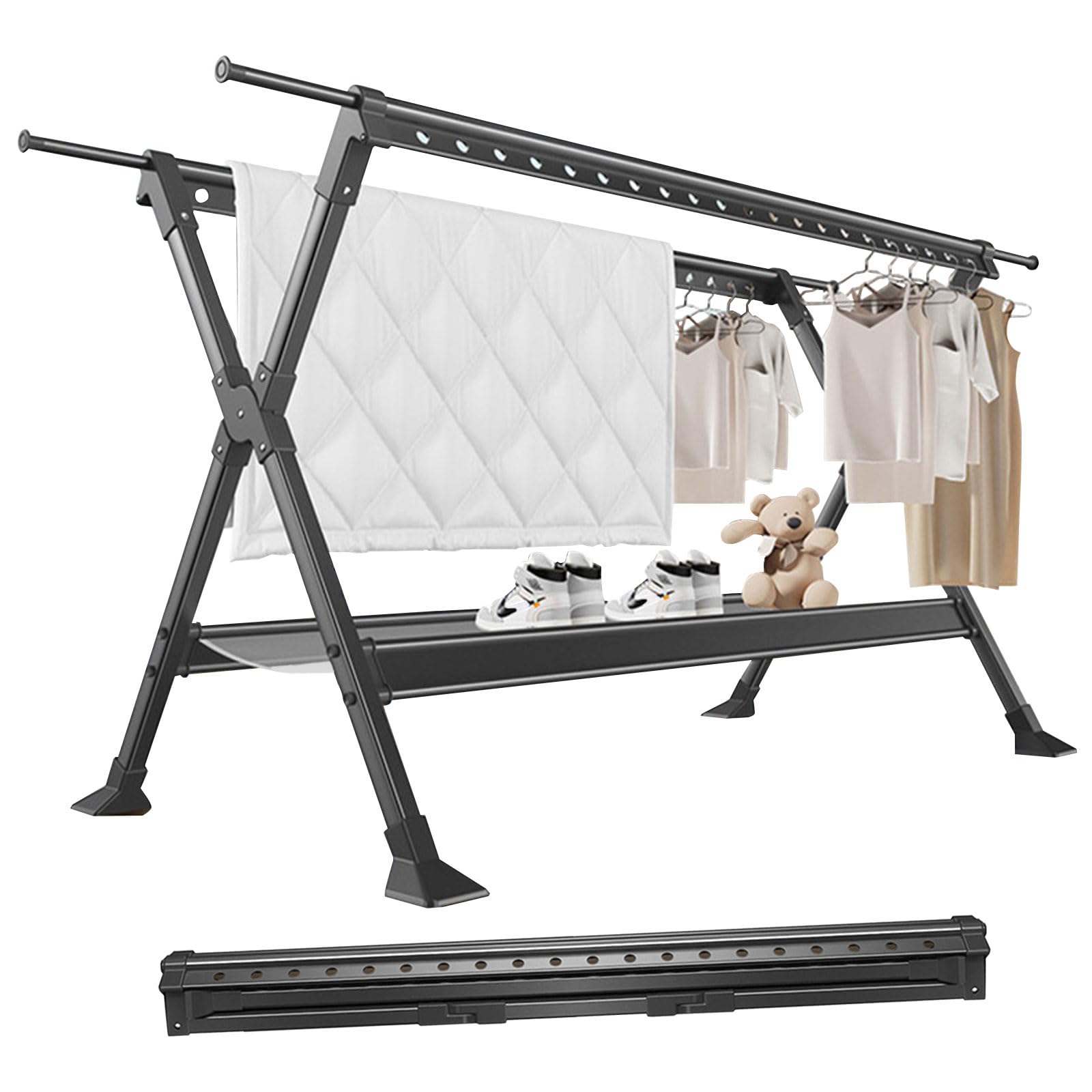 Wäscheständer Ausziehbar, Aluminium-Wäschespinne Camping, Faltbarer Kleiderbügel, Verstellbarer Kleiderständer für Waschküche, Schlafzimmer, Wäscheständer Balkon, Schwarz