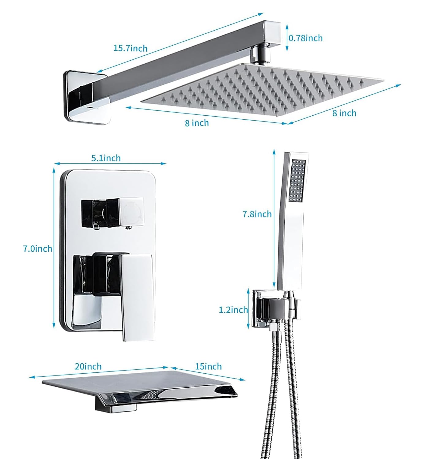 Chromowany zestaw baterii prysznicowych z wylewką 20 cm, głowica prysznicowa i uchwyt, zestaw z 2 haczykami, wanna i bateria prysznicowa, deszczownica i ręczny system prysznicowy, kwadratowy