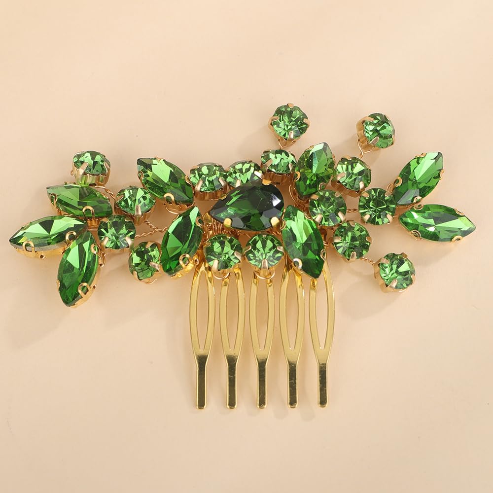 BERYUAN Dainty Teardrop Rhinestone Crystal Wedding Hair Comb Handmade Hair Side Comb Women Girls Wedding Headpiece Silver Gold Wedding Hair Accessories for Brides Bridesmaid (green)