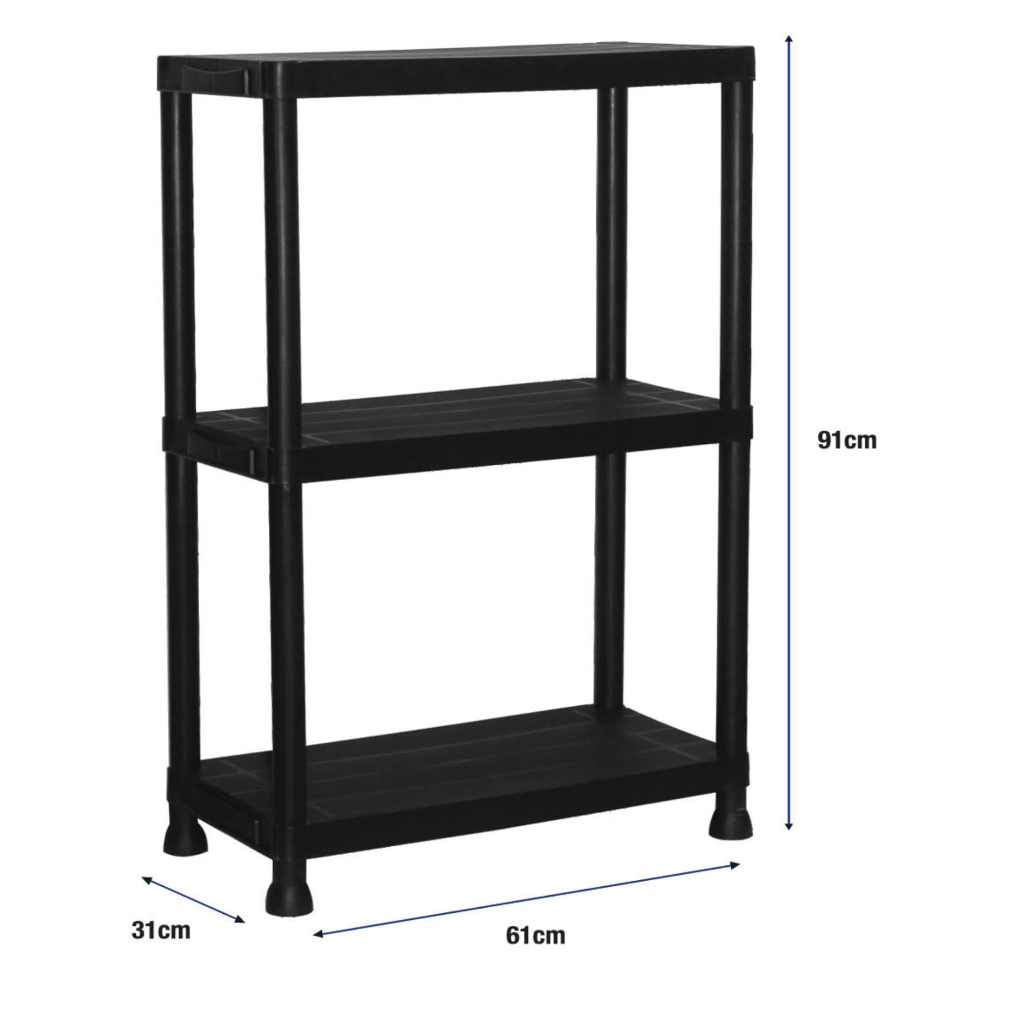 Pack 2 Estanterías de Resina 3 Baldas Negra | Organizador de Plástico 91x61x31 cm | Capacidad 75kg | Resistente a la Humedad y Óxido | Montaje Rápido sin Herramientas | Trastero y Lavadero