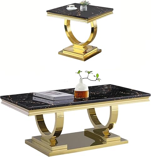 Miniatura 9 de Juego de 2 mesas de café de mármol, juego de mesa de sala de estar de 2 piezas que incluye 1 mesa auxiliar y 1 mesa auxiliar, moderna mesa auxiliar