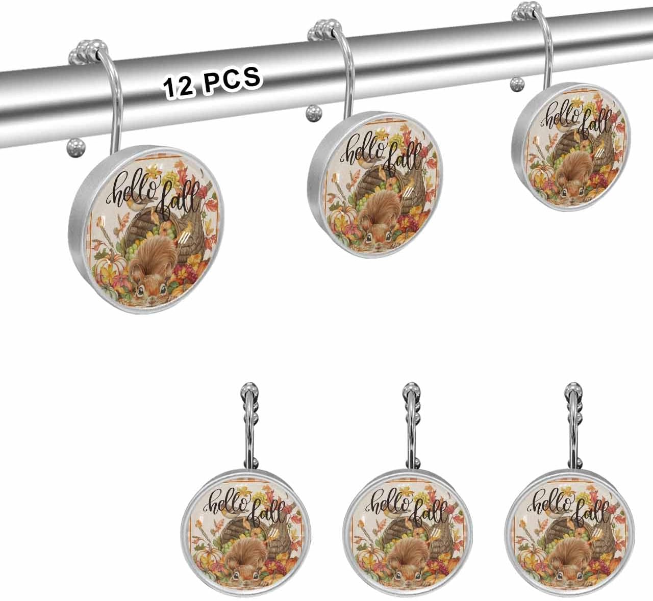 Shower Curtain Hooks 12 Pcs Fall Thanksgiving Day Pumpkins Squirrel Grapes Buffalo Plaid Stainless Steel Rust Proof Rolling Shower Curtain Rings, Decorative Shower Curtain Hooks Hangers for Bathroom