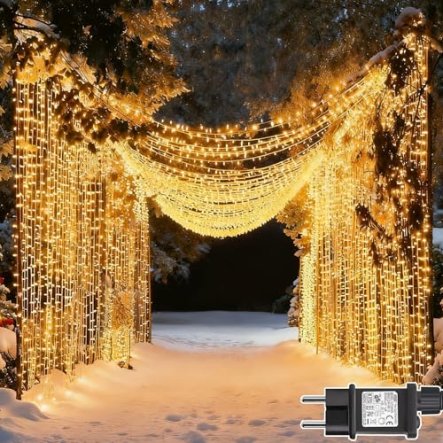 Dekofun Lichterketten Vorhang 600 LED 6m x 3m Lichtervorhang Aussen mit Stecker, Timer, 8 Modi Wasserdichte Lichterkette Wand für Außen Garten...