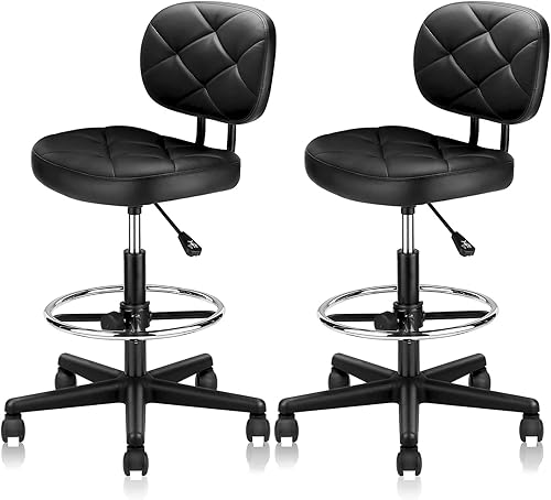 Taburetes rodantes de piel sintética con reposapiés y soporte para la espalda, silla de dibujo tapizada con diamante ajustable con ruedas, silla de