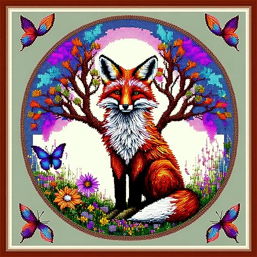 Image of Dimensean Stamped Cross Stitch Kits Full Range of Embroidery Patterns Starter Kits for Beginners Adult DIY Cross Stitches Needlepoint Kits 11CT-Wreath Fox 17.7x17.7 inch